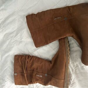 Prada Tan Leather Mid-Calf Lug Sole Boots